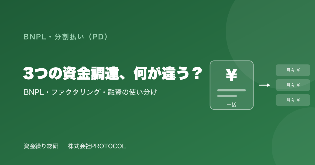 BNPL・ファクタリング・融資の違いと使い分け｜支払いを分割・後ろ倒し／売掛金を今すぐ資金化／借りて返す｜資金繰り総研